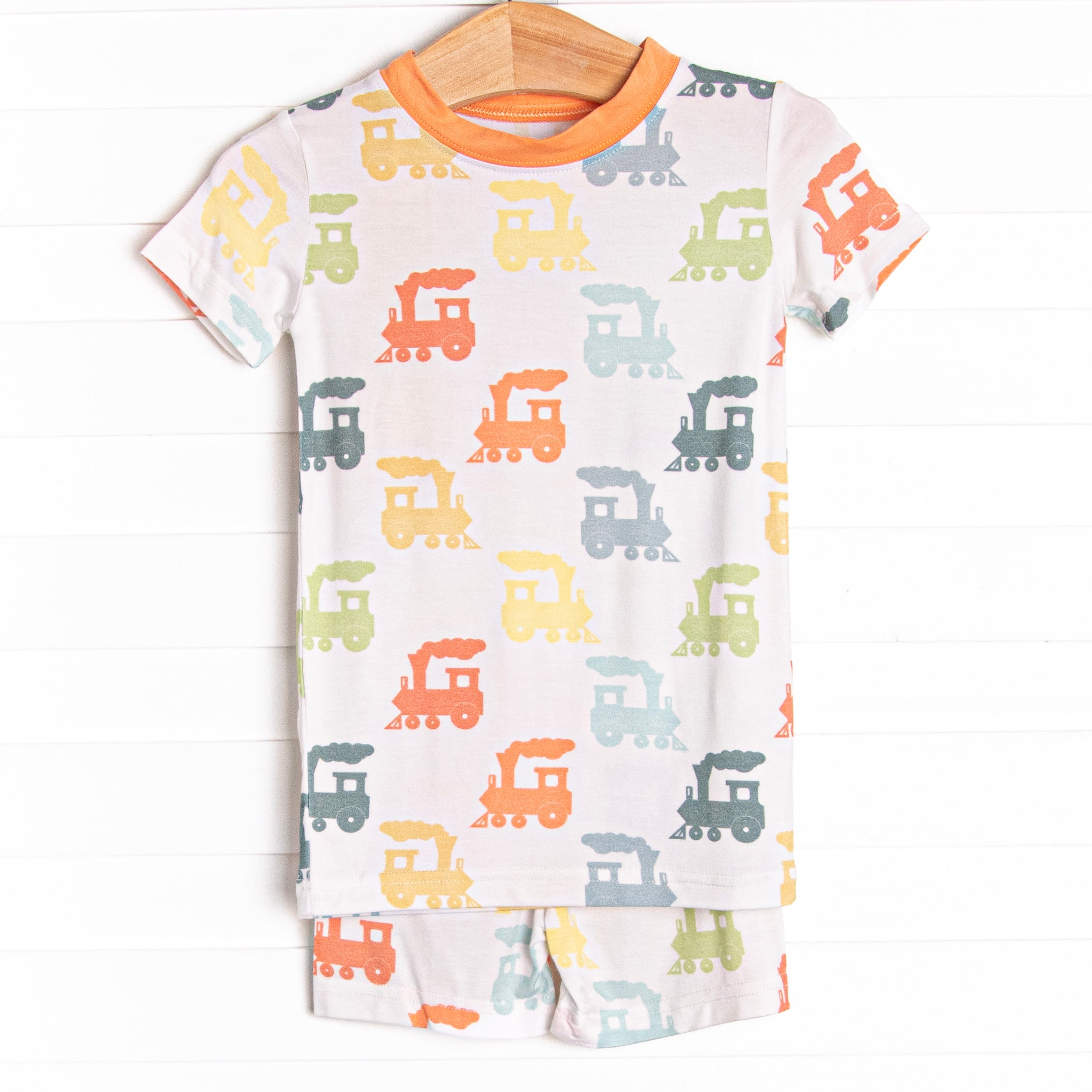 Vibrant Orange Colorful Caboose Bamboo Pajama Short Set - Sweet Dreams Awaits!